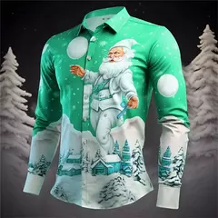 Camisa Masculina Manga Longa de Natal, Estampada em 3D, Papai Noel, Festival, Festa, Roupa Casual, Venda Quente