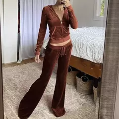 Suéter de veludo veludo de 2 peças para mulheres, calças largas, agasalho slim fit, capuz casual com zíper, jaqueta vintage, moletom na internet