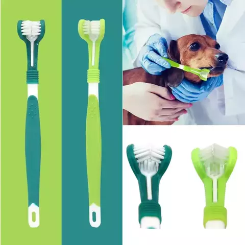 Escova de dentes de plástico para animais de estimação, 3 lados, remoção de tártaro, mau hálito, limpeza de boca, cuidados dentários para animais de estimação, boca de limpeza de gato