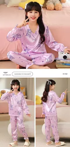 Ice Silk infantil Conjunto de Pijamas de manga curta, Pijamas gola V, Anime Sanrio Kuromi Minha melodia Desenhos animados, Cinnamoroll Menina, Cinnamoroll - loja online