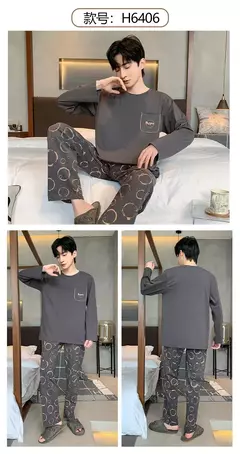 Pijama de algodão de duas peças masculino, calça de manga comprida, traje caseiro, estudante e adolescente, novo outono na internet