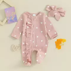 Pudcoco-macacão de bebê menina com estampa de coração, manga comprida para os pés, com zíper e bandana de 0 a 6 anos na internet