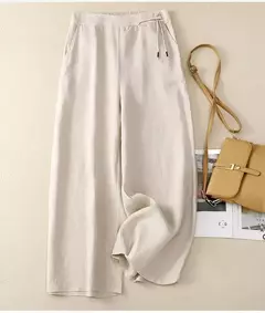 Calça de perna larga feminina, cintura alta elástica, algodão e linho, calça casual, calça reta solta, retrô artística, amarela, verão - Wolf Magazine