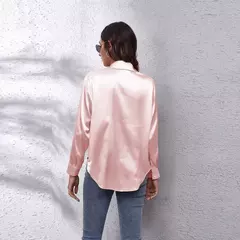 Blusa feminina de cetim manga longa, camisa cetim, tops de seda, vestuário europeu e americano, novo