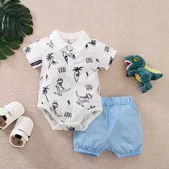 Macacão e calça de dinossauro bonito do recém-nascido, confortável, manga curta, triângulo, roupas de menino e menina, 2 peças, verão