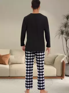 Imagem do Conjunto de pijama xadrez solto masculino, tops casuais, Homewear