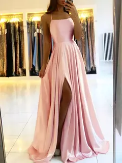 Vestido longo de cetim linha A feminino, cintas simples de espaguete, fenda sexy na internet