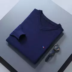 Camisola de cashmere manga comprida masculina com decote em v, pulôveres masculinos padrão, saltadores de tricô, roupas monocromáticas, venda quente - comprar online