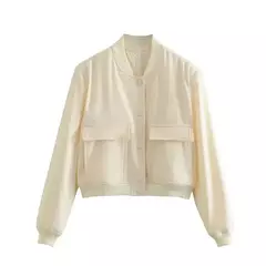 TRAF-Casaco de manga comprida feminino cropped, casaco de basebol, Casaco de aviador, branco, outono, inverno