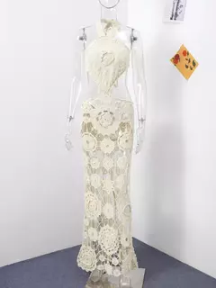 Vestido Longo de Praia Feminino, Oco, Flor, Renda, Emagrecimento, Sem Costas, Cintura Exposta, Pescoço Pendurado, Colete Suspender, Sem Alças, Sexy