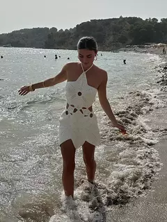 Vestido feminino de praia com alça curta, sexy oco malha sem encosto vestidos, padrão irregular, roupas de verão