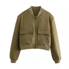 Willshela-Jaquetas bomber monocromáticas femininas, casaco com bolsos, decote em v, peito único, mangas compridas, roupas chiques para senhora, moda feminina na internet