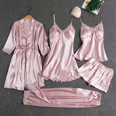 Conjunto de pijama feminino, roupão de seda, roupa de dormir, cami com decote em v, pijamas, pijamas, camisola primavera, 5 peças - comprar online