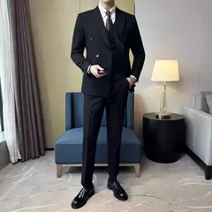 Fato de trespassado estilo britânico masculino, negócio formal, slim fit, smoking casual, festa de casamento, conjunto de 3 peças