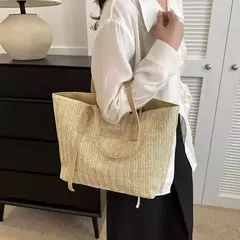 Sacola tecida estilo minimalista para mulheres, grande capacidade, bolsa de praia casual, tecido grama, bolsa de ombro, verão, 1 pc