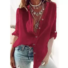 Camisa de linho de algodão feminina, monocromática, casual, solta, botão, decote em v, manga comprida, viajante, moda verão - comprar online