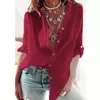 Camisa de linho de algodão feminina, monocromática, casual, solta, botão, decote em v, manga comprida, viajante, moda verão
