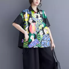 Estilo coreano blusa de manga curta para as mulheres, camisa estampada preta, ajuste solto, casual, tamanho grande, verão, jxs097