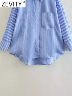 Imagem do Zevity-Camisa Feminina Solta com Estampa Listrada Branca e Azul, Bolso Duplo, Blusa de Blusa Patch, Tops Chiques, Senhora do Escritório, Moda, LS3468