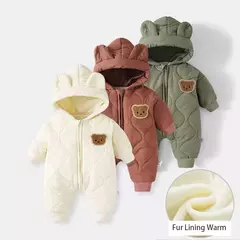 Macacão de urso dos desenhos animados do bebê, macacão infantil, outwear infantil, roupa grossa quente, forro de pele, inverno