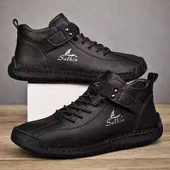 Botas de couro masculinas artesanais, sapatos casuais com renda, botas de tornozelo, sem amarração, tênis masculinos plus size, 39-48, outono na internet