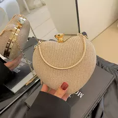 Bolsa de metal brilhante em forma de coração para mulheres, bolsa de ombro, bolsa crossbody, corrente, luxo, senhora, moda