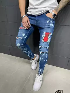 Calças jeans skinny rasgadas elásticas masculinas, bordado branco, algodão, hip hop, buraco negro, slim fit, calças jeans grandes, alta qualidade - comprar online