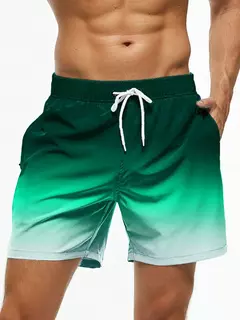 Calção de banho gradiente cor bloco cordão masculino, cintura elástica, 3D Print, streetwear curto respirável, calções de praia, verão - Wolf Magazine