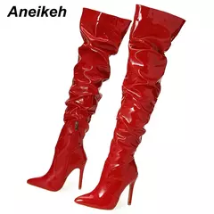 Aneikeh-Botas Chelsea de couro acima do joelho para mulheres, salto alto fino, zíperes laterais, sapatos femininos sexy, saltos sólidos, na moda - loja online