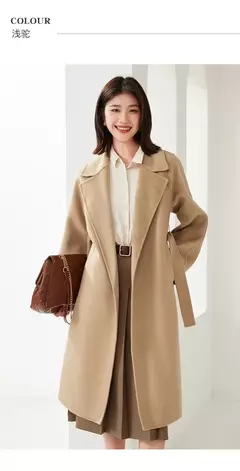 Casaco de lã dupla face feminino com cinto, fivela, 10% casaco de caxemira, cintura amarrada, top longo, moda outono e inverno, 90% lã, novo - loja online