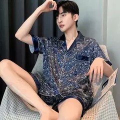 Conjuntos de pijama masculino de cetim de seda manga comprida, pijamas masculinos, camisola estampada, Casa, Soft Cozy Sleepwear Calças, Novo - loja online