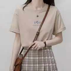 Camiseta com gola redonda feminina, solta, estamparia vegetal, manga curta, blusa casual para estudantes, cor sólida, estilo coreano, verão - loja online