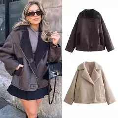 Jaquetas grossas de couro falso femininas, casacos com mistura de lã quente, jaqueta de pelúcia demi-estação, outerwear, outono, inverno, 2024