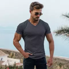 Camiseta de manga curta para musculação masculina, camiseta esportiva, roupa de algodão, gola V, respirável, ginástica, fitness, treino, verão