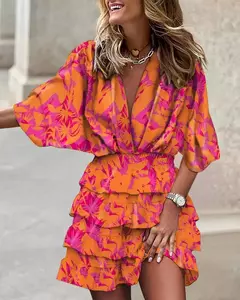 Vestido feminino com decote em v, manga Batwing, babado elegante com renda, mini vestidos de praia, streetwear casual, moda solta, outono, 2024