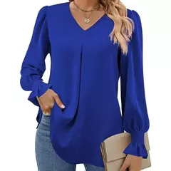 Nova camisa feminina de chiffon de cor sólida com decote em v pulôver queimado manga comprida camisa superior senhora do escritório elegante cáqui blusas soltas - comprar online