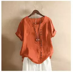 Imagem do Top feminino de algodão e linho verão casual solto botão manga curta cor sólida pulôver blusa femme blusas