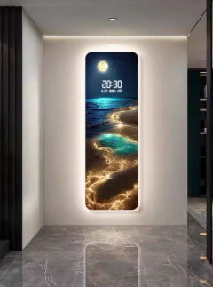 Pintura de ondas, relógio de sala de estar, display digital de lua, relógio eletrônico inteligente, decoração de entrada, luzes pintadas - loja online