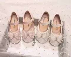 Salto liso da menina com arco pérola e strass, sapatos princesa para crianças, moda, outono na internet