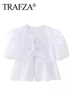 TRAFZA-Feminina Hollow Out O-Neck manga curta com renda por cima, blusa casual, streetwear chique feminino, camisa sólida da moda, 2024 - loja online