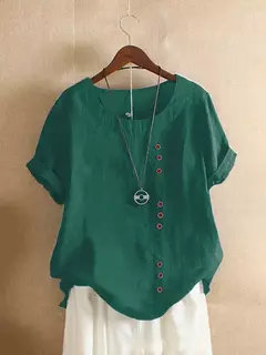 Top feminino de algodão e linho verão casual solto botão manga curta cor sólida pulôver blusa femme blusas na internet