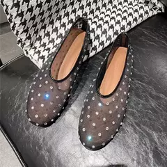 Imagem do Luxo Crystal Rivet Design Sandálias de malha para mulheres, Flats leves respiráveis, Moda Comfort Mules Shoes, Mocassins elegantes, Ballet Shoes