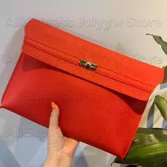Envelope de couro PU para mulheres, embreagem vermelha, bolsa feminina, padrão de lichia, bolsas de mão simples, vermelho na internet
