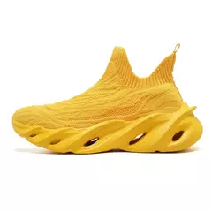 Tênis de malha leve para casais, tênis de corrida com lâmina deslizante, tênis de meia masculino, moda feminina, amarelo