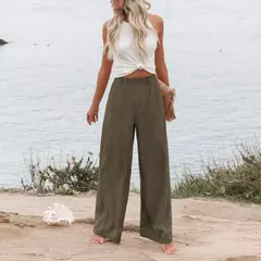 Imagem do Calça larga de linho de algodão feminina, comprimento total, casual, monocromática, solta, cintura alta, reto, botão, verão