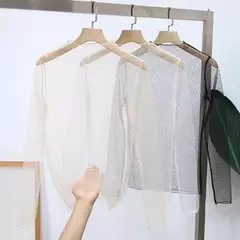 Top de mangas compridas transparente ultrafino feminino, casaco feminino com renda, monocromático, gola simulada, camisa feminina visível, primavera, verão