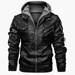 Nova moda masculina street wear jaquetas de couro da motocicleta chapéu destacável jaquetas de couro com capuz fino casacos de couro casuais 5xl