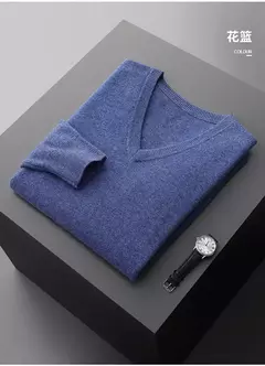Suéter de cashmere com decote em v masculino espesso solto, lã de cor sólida, malha, casual para negócios novo, outono e inverno - comprar online