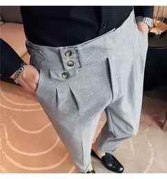 Calça formal de botão de cintura alta estilo britânico masculina, terno casual empresarial, calça de escritório, monocromática, alta qualidade, nova, primavera - Wolf Magazine