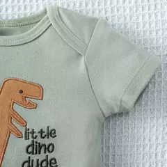 Verão Bebê Bodysuit com Dinossauro Padrão Dos Desenhos Animados, 3 Piece Set, Stripe Pattern, Design Botão para 0-9 Meses Old Boys na internet